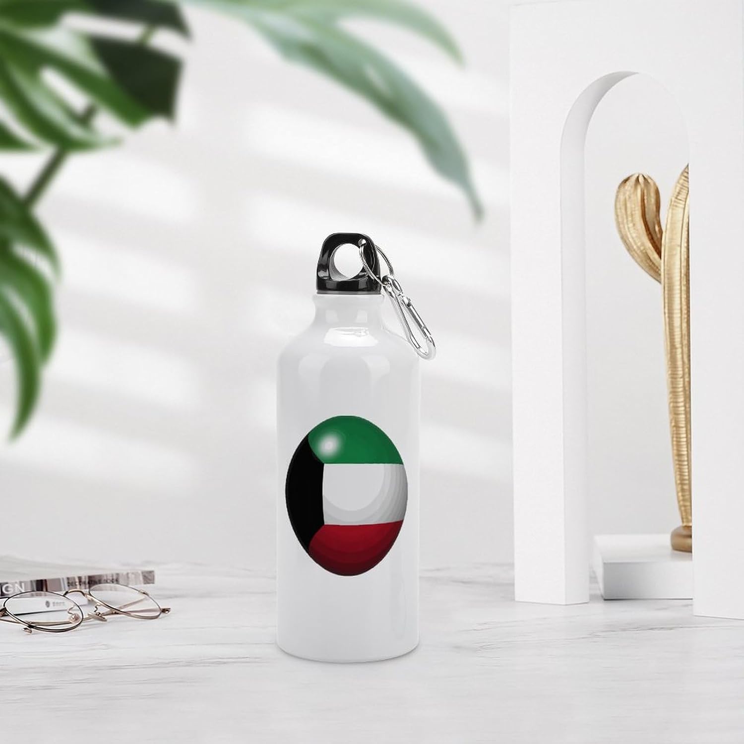 Kuwait Flag Travel Sports Water Bottles False 3D Ball Kuwait Stainless Steel Water Bottles 20 OZ Insulated Travel Bottle with Carabiner Clip for Outdoor Camping Travel image 2