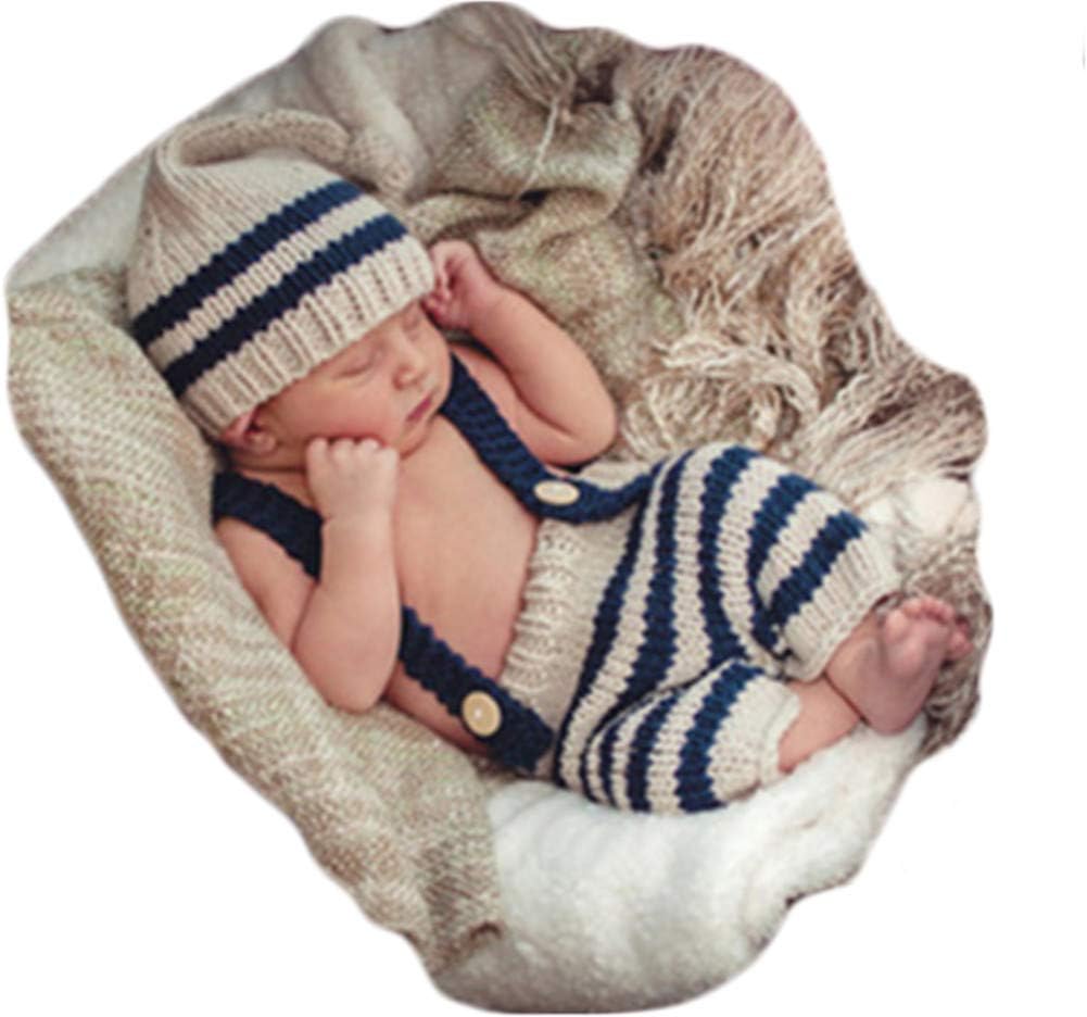 Newborn Baby Photo Shoot Props Girl Boy Crochet Knit Hat Costume Stripe Hat Pants Overalls Photography Props
