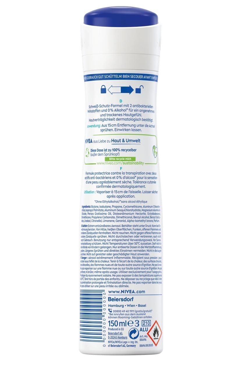 Nivea Lot de 6 déodorants en spray Dry Active pour femme Protection 72h 0% alcool 150 ml