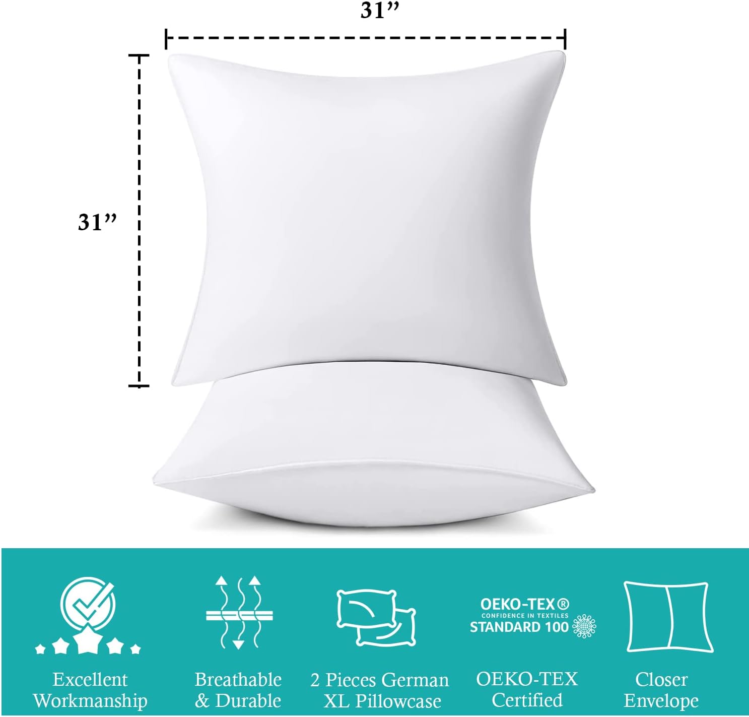 Set of 2 German XL Pillowcases 600 TC 600 TC 100% Egyptian Cotton Pillowcases Natural, Ultra Soft & Silky, Made with Sateen Weave Bed Pillow Cover of Hotel Quality - 31" x 31"(80x80 CM)- White