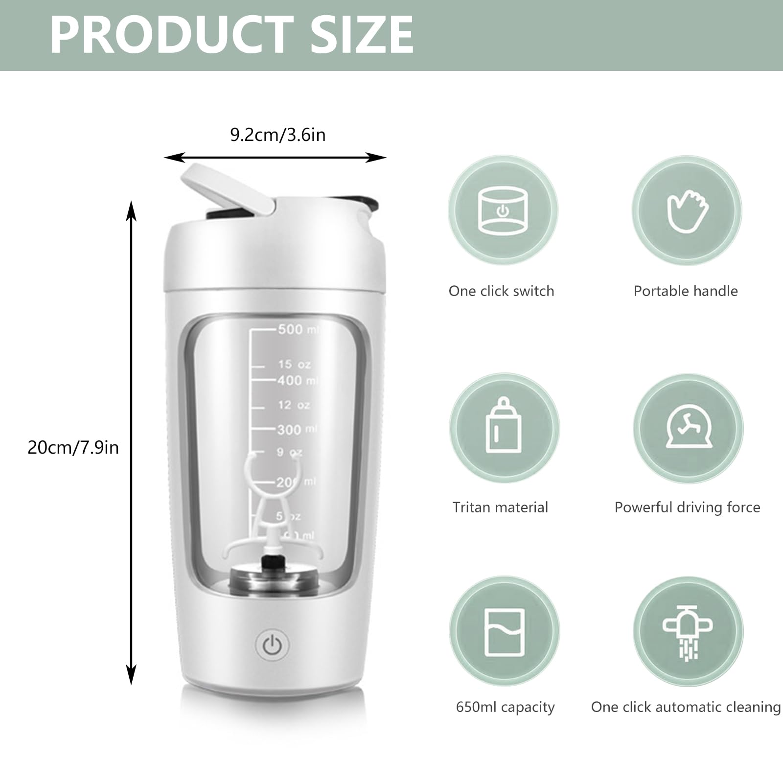 Shaker proteico elettrico ricaricabile tramite USB da 650 ml