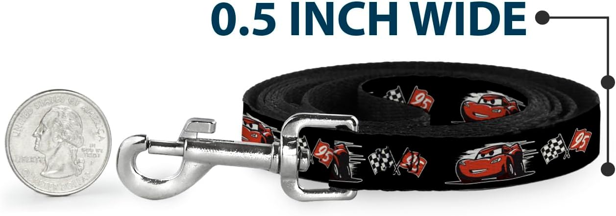 Dog Leash Cars 3 Lightning McQueen Caricature Race Flag Black White Red 6 Feet Long 1.0 Inch Wide