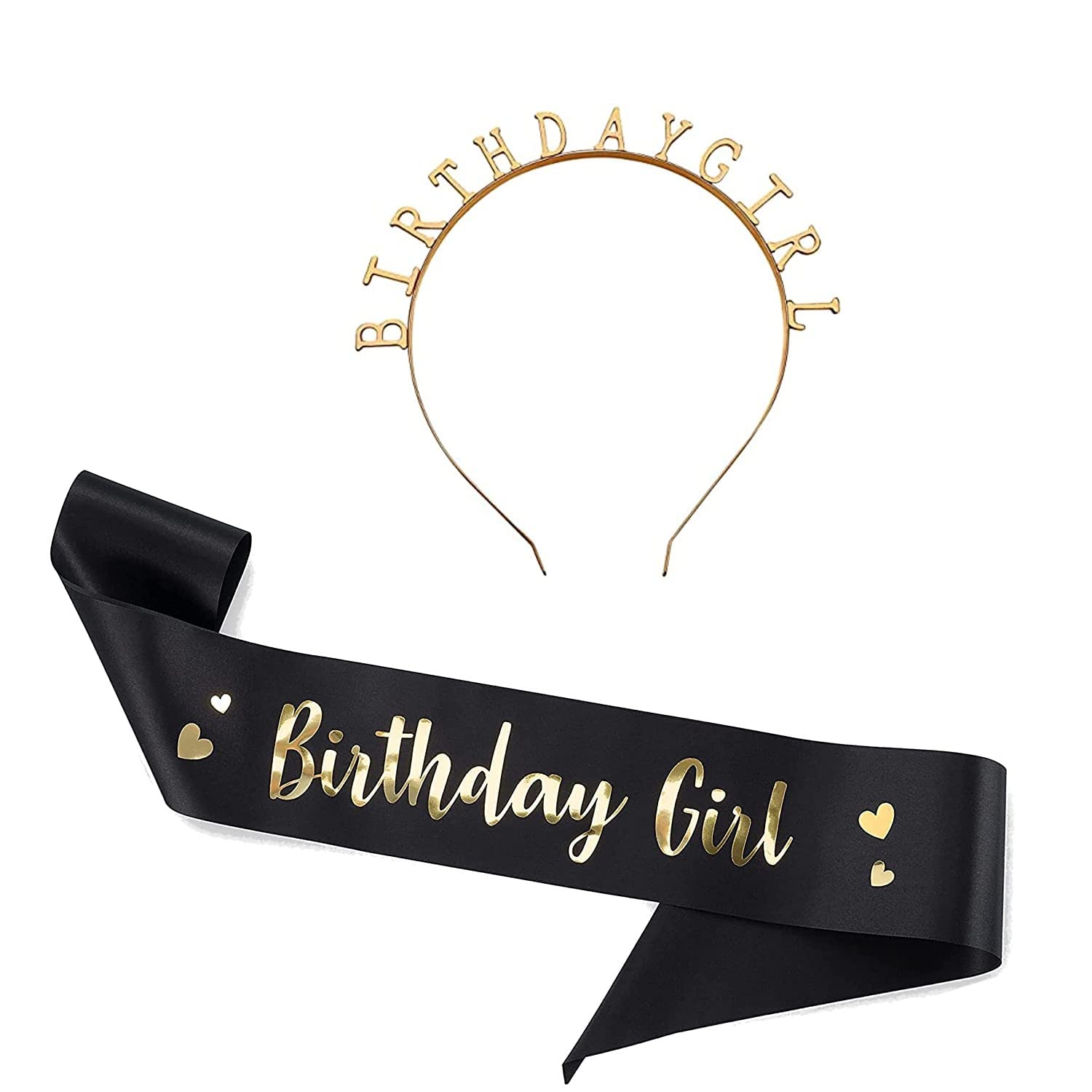 Propsicle Black Birthday Girl Sash & Golden Birthday Girl Crown Tiara Birthday Party Decoration Girl Birthday Gift Head Band & Sash Combo - Pack of 2
