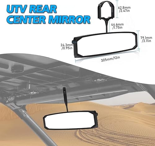 Miniatura 7 de Espejo retrovisor central UTV, vista clara con soporte de barra enrollable ajustable de 1.5 a 2 pulgadas, compatible con Polaris RZR General,