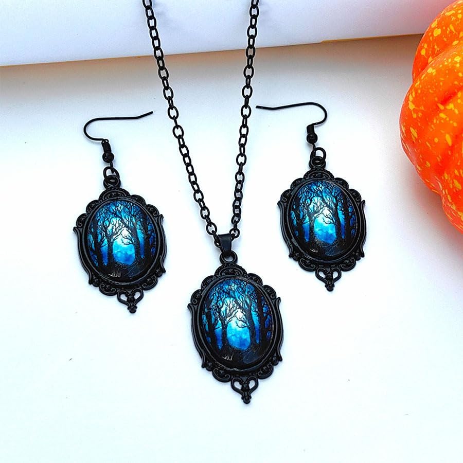 Halloween Witch Necklace Earrings Set for Women Halloween Cameo Crystal Glass Pendant Necklace Earrings Vintage Punk Gothic Vampire Jewelry for Women Emo Accessories Halloween Spooky Costume Accessories - Image 4