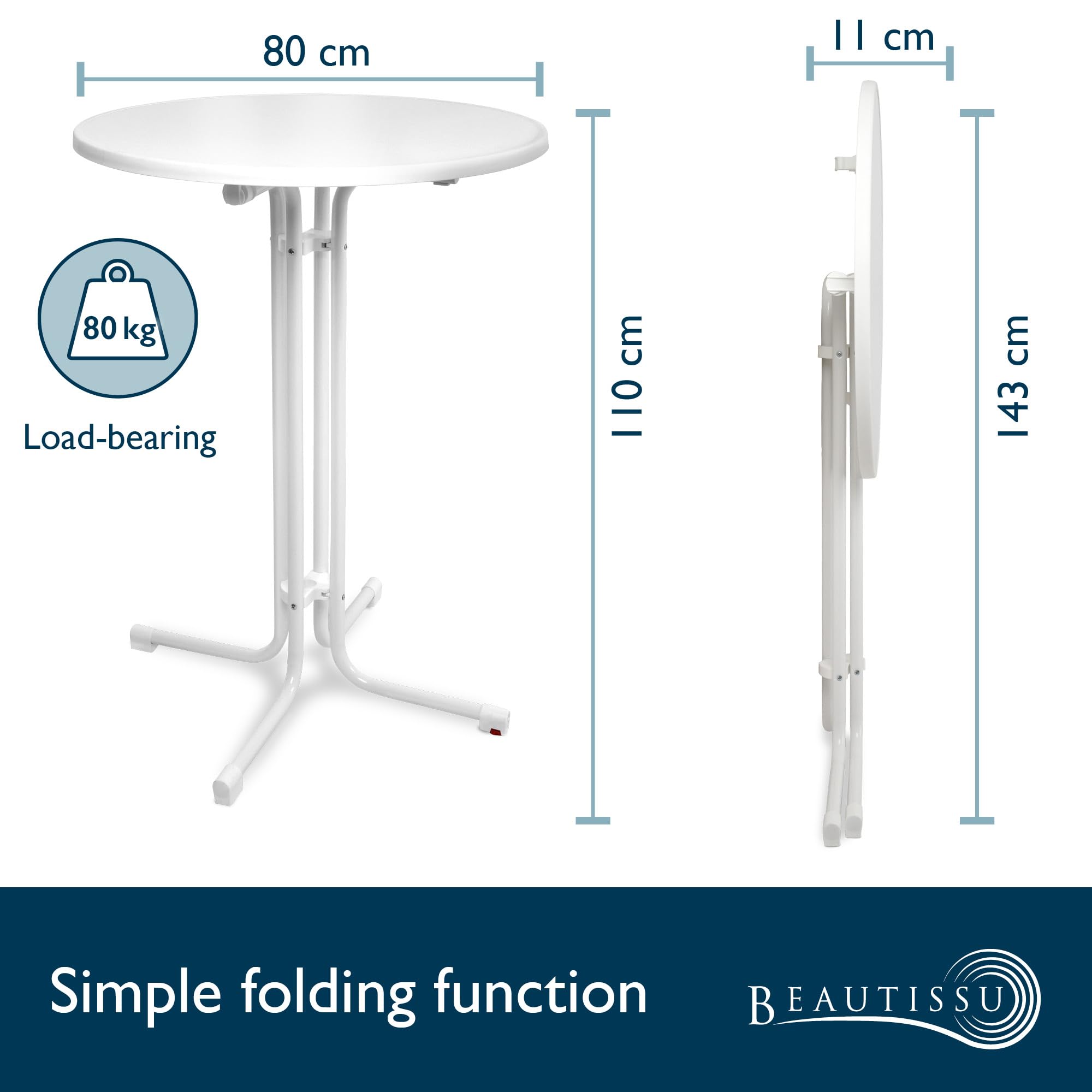 Beautissu Tavolo Alto Pieghevole Bar Bistrot con Piede Regolabile rotondo | Ø80cm bianco resistente alle intemperie montaggio facile staffa preassemblata da festa Altezza antigraffio stabile Bellini