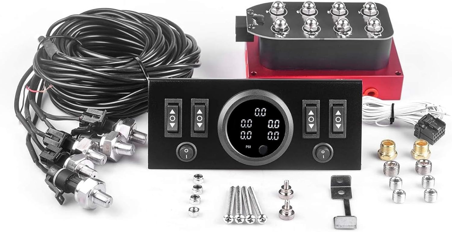 12V Solenoid 8-Valve Air Ride Suspension manifold valve Red with Control Panel Ship Type Switch, equipped with Five White display air pressure gauge(8-Valver+Controller+5 white pressure gauge)