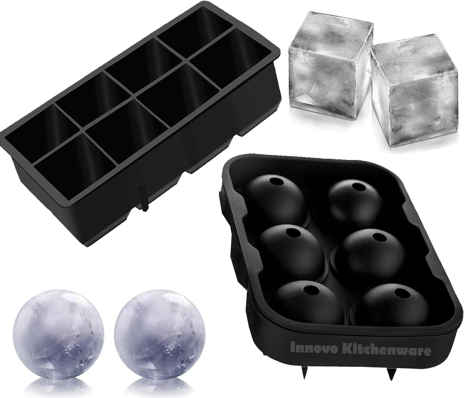 2 Pack Cocktail Ice Large Ice Cube Molds - Sphere Ice Cube Silicone Molds & Square Silicone Mold for Cocktails & Whiskey - BPA Free Whiskey Cube Tray - Keep Drinks Chilled - Large Silicone Ice Molds