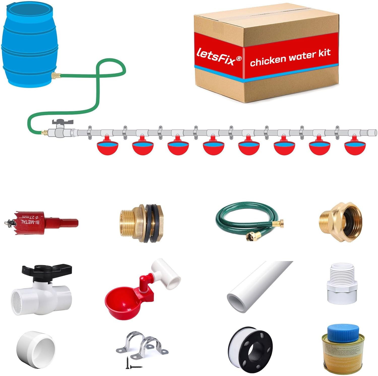 Automatic Chicken Watering System with PVC Pipe (Real Complete Set Pipeline) - 1/2 PVC Tee Fittings & Pipe & Garden Hose Connect to Water Tank, Automatic Poultry Waterer Feeder Kit