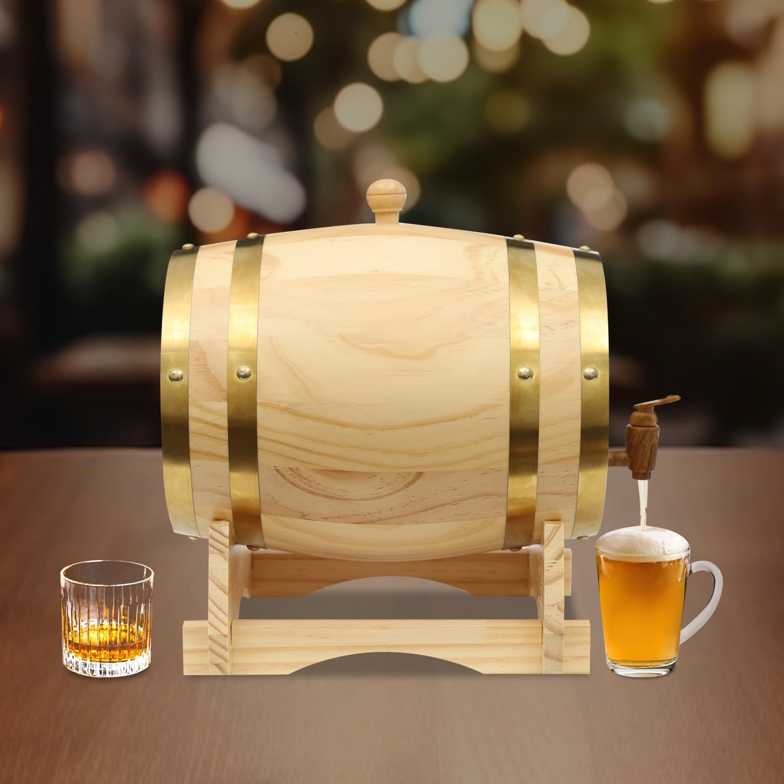 Barril de vino de 5 l, madera de pino con grifo, soporte para whisky, 30 x 28,5 cm, efecto madera, 5 l, madera de pino con grifo, soporte para vino, whisky, 30 x 28,5 cm, efecto madera