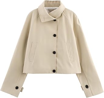 Xunger Womens Button Front Trench Coat Minimalist Asymmetrical Collar Short Coat Casual Cropped Jacket Elegant Outerwear
