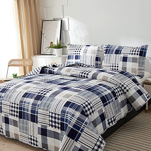 Blue White Brown Plaid Quilt Set King Size Reversible Patchwork Bedspread Lightweight Blanket Soft Breathable Buffalo Check Bedding Gingham Coverlet Checker Bed Set Geometric Home Decor #TOP2