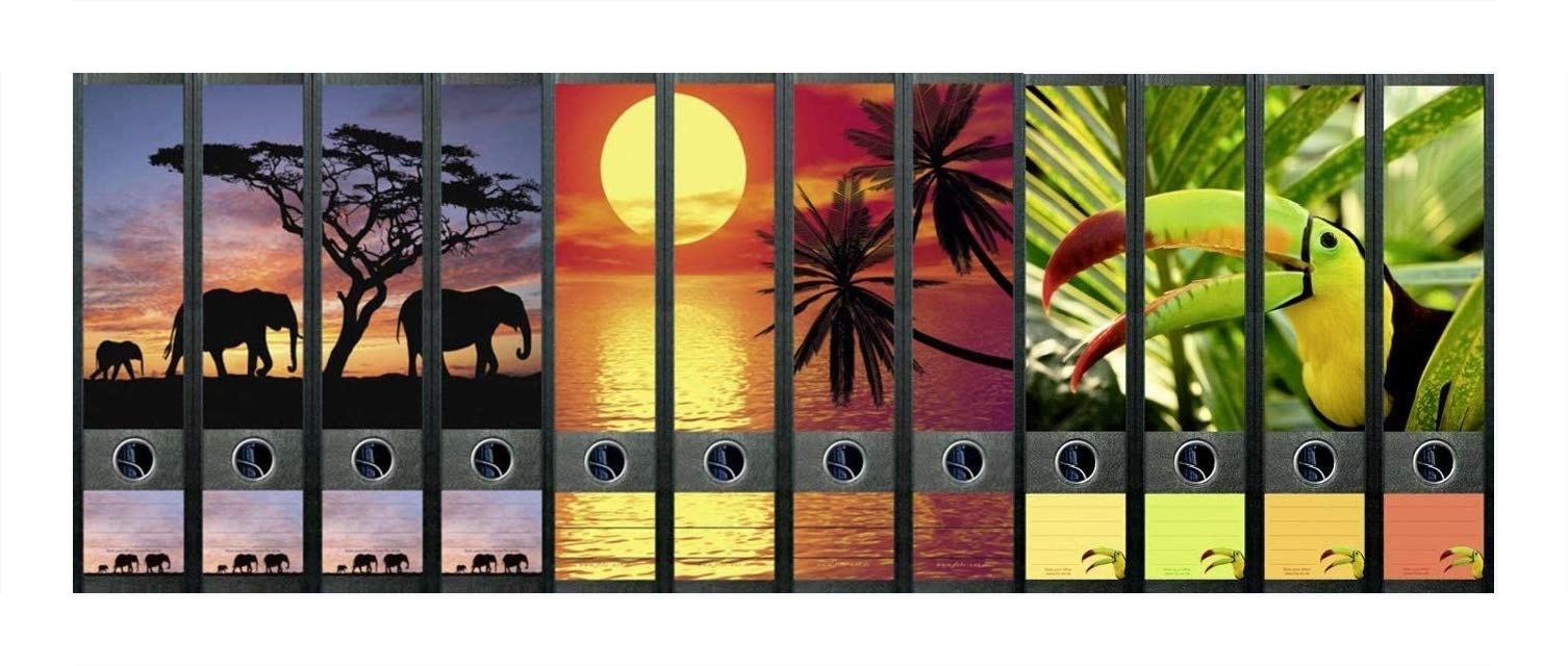 File Art Lot de 12 étiquettes autocollantes pour classeur à dossier large Motif coucher de soleil africain