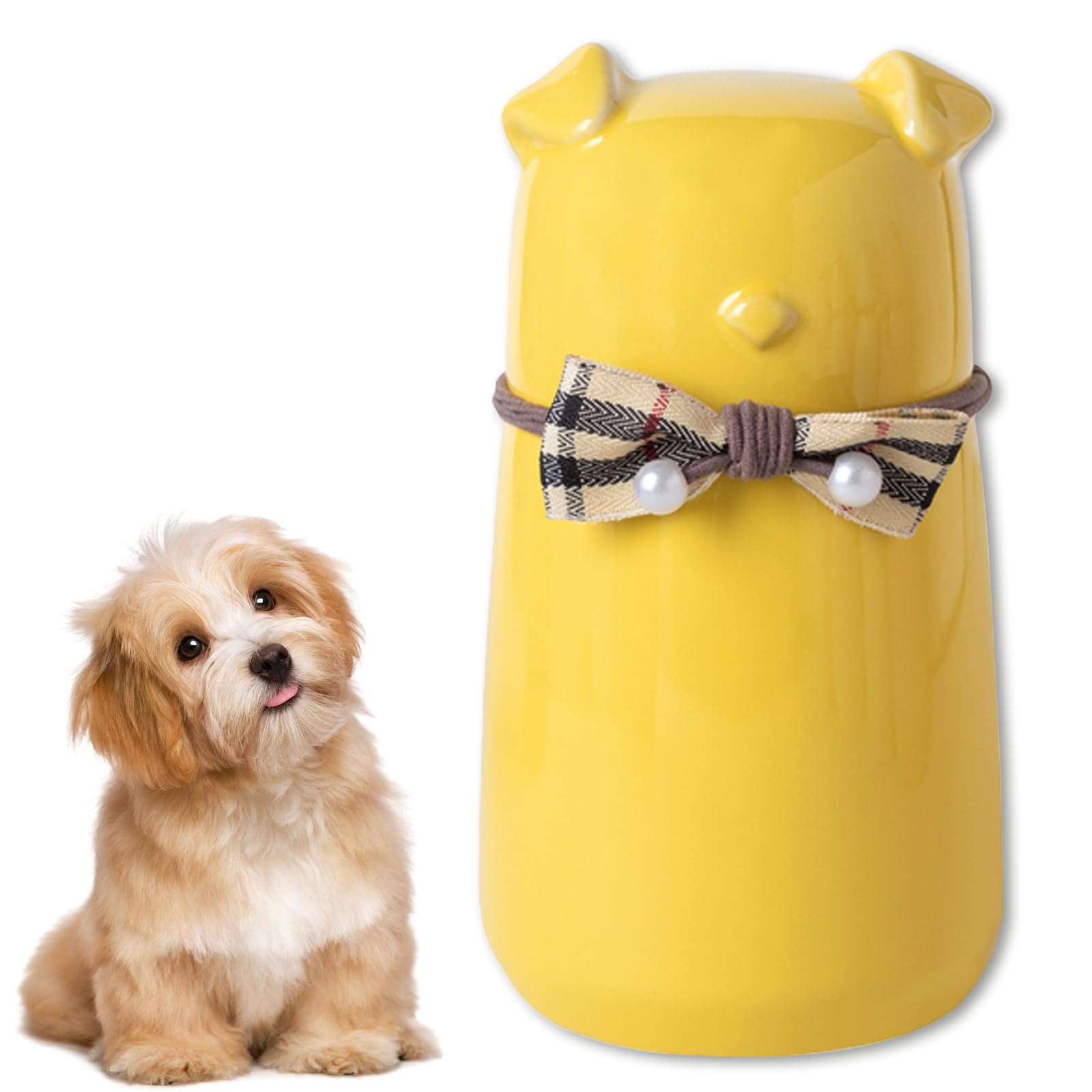 Duuclume Cute Memorial Pet Urn for Dogs Cats,Ceramic Bow Tie Dog Shaped Keepsake Box, Holds Ashes of Small Pets,Forever Keeps Memories,Lovely Home Decoration (Yellow)