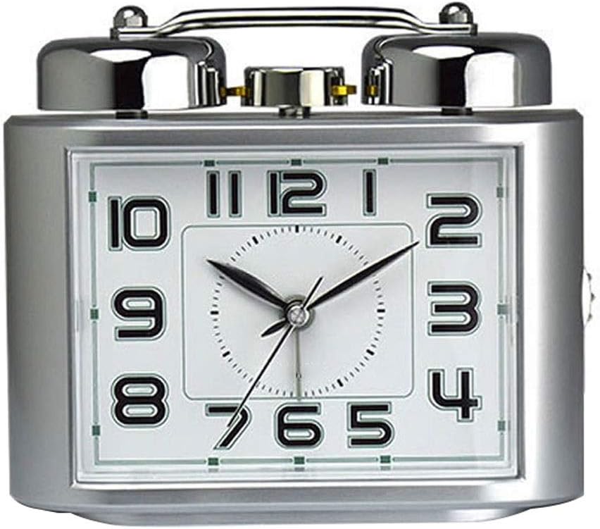 Table Clocks Ringing Alarm Clock Battery Powered Ultra-Quiet and Night Light Retro Clock Creative Personality Non-Ticking Student Bedroom Silent Bedside Clock Standing Clock (Color : Silver)