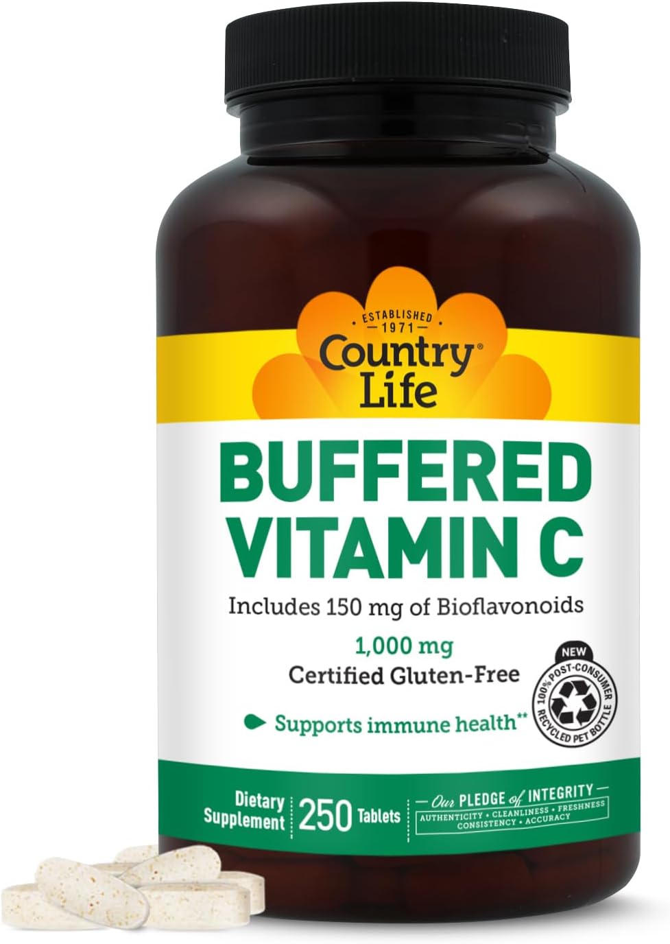 Country Life Buffered Vitamin C 1000mg with Bioflavonoids, Calcium, Magnesium, Potassium - Immune Support, Vegan Capsules, Gluten-Free, Gentle on Stomach - 250 Tablets