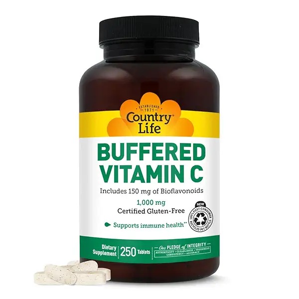 Country Life Buffered Vitamin C 1000mg with Bioflavonoids, Calcium, Magnesium, Potassium - Immune Support, Vegan Capsules, Gluten-Free, Gentle on Stomach - 250 Tablets 1