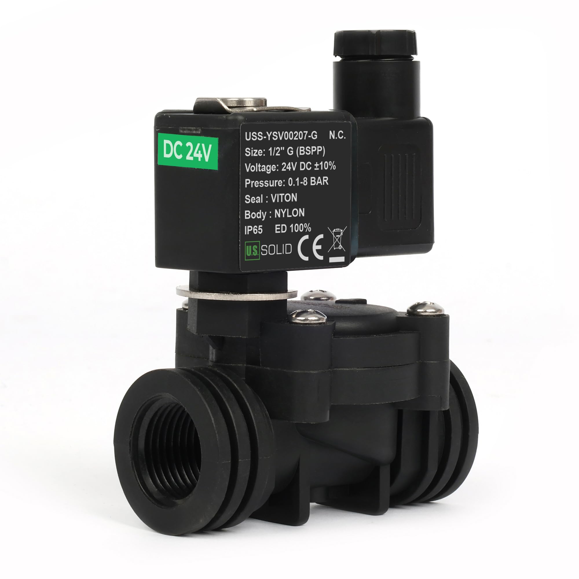U.S. Solid Electroválvula de plástico (nailon) 1/2" G – 24 V DC, 0,1 – 8 bar, cerrado sin corriente, junta VITON para agua, aire