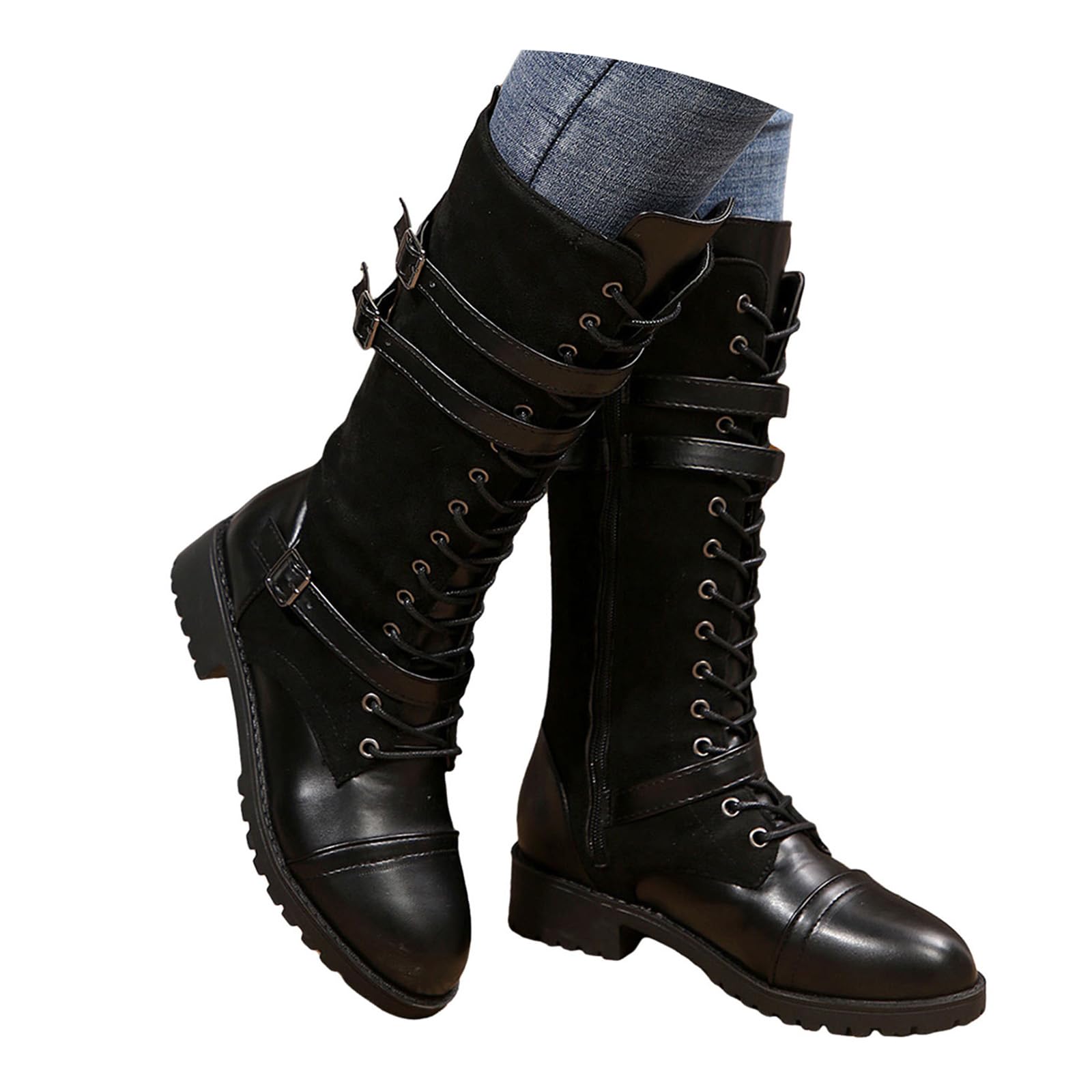 Women Riding Mid Calf Boots Leather Suede Lace up Combat Booties Platform Punk Buckle Strap Chunky Block Heel