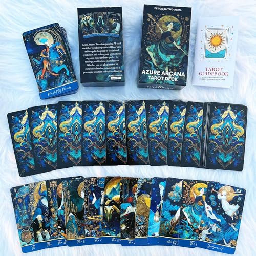 Image of Azure Arcana Tarot Deck, 78 Tarot Cards with General Guidebook, Artistic Blue and Gold Fantasy Tarot Card for Beginners, Reading Tool