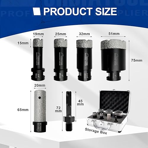 Miniatura 2 de SHDIATOOL Kit de sierra de agujero de diamante de 7 piezas para baldosas de porcelana, cerámica, mármol, ladrillo, núcleo soldado al vacío, juego de