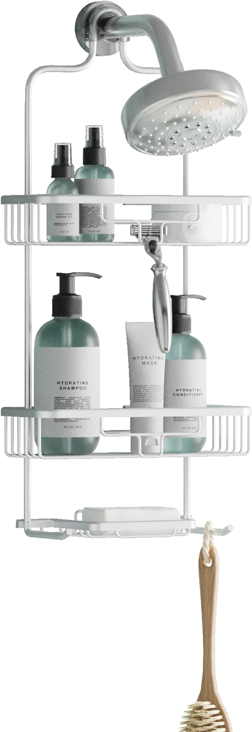 Rustproof Hanging Shower Caddy, Over the Shower Head Caddy with 2 Shelves and Built In Hooks, Aluminum Bathroom Hanging Organizer, Satin Chrome