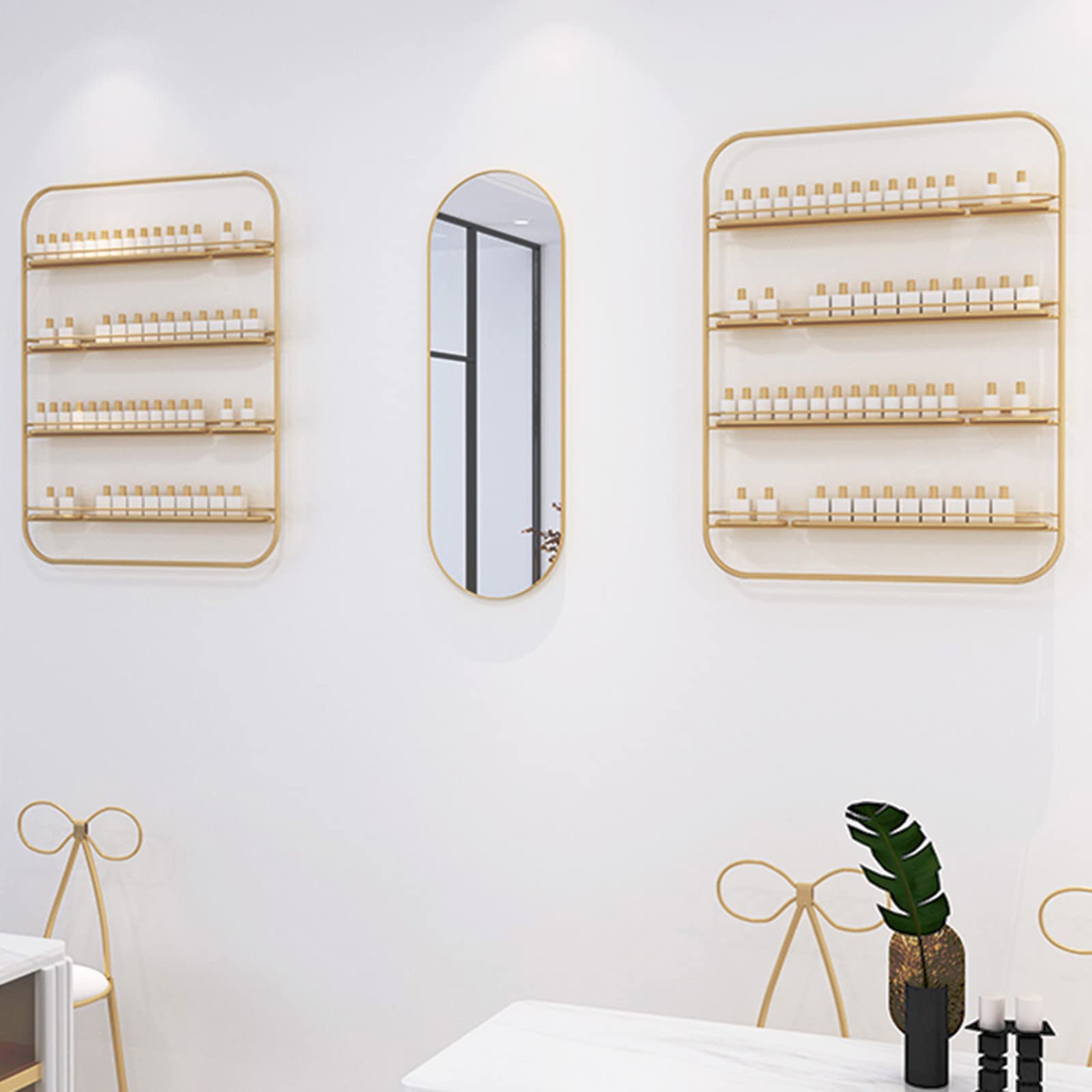 Espositore da parete per portasmalto in metallo a 4 strati, espositore per bottiglie di smalto, scatola per salone di bellezza, espositore combinato per cosmetici (set da 5 pezzi oro)
