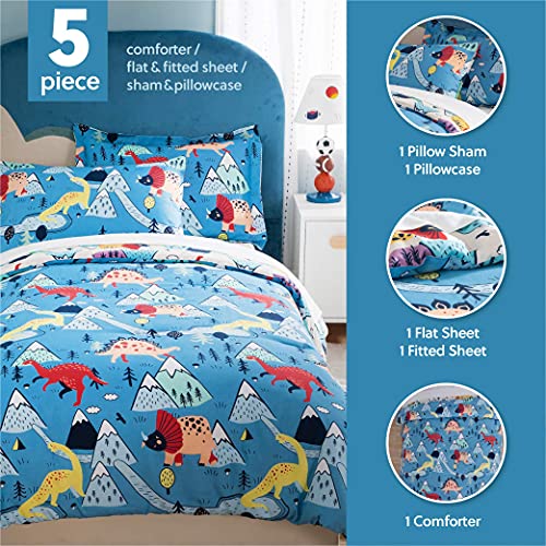 Bedsure Kids Twin Bedding Sets For Boys, Dinosaur Bedding, 5 Pieces Bed In A Bag, Easy Care Super Soft Comforter And Sheets Set (Blue,Twin) #TOP4