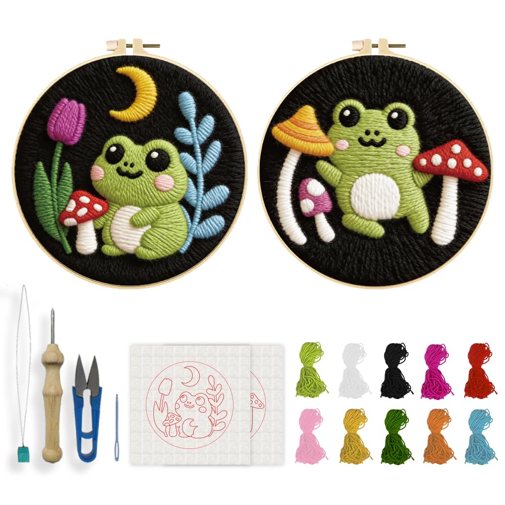 INFUNLY 2 Pack Frog Punch Needle Embroidery Kit for Adults, Mushroom Punch Needle Art Kits 8.7x8.7 Inch, All-in-One Beginner Embroidery Starter Kit with Tools and Instructions for Home Decor — image 1