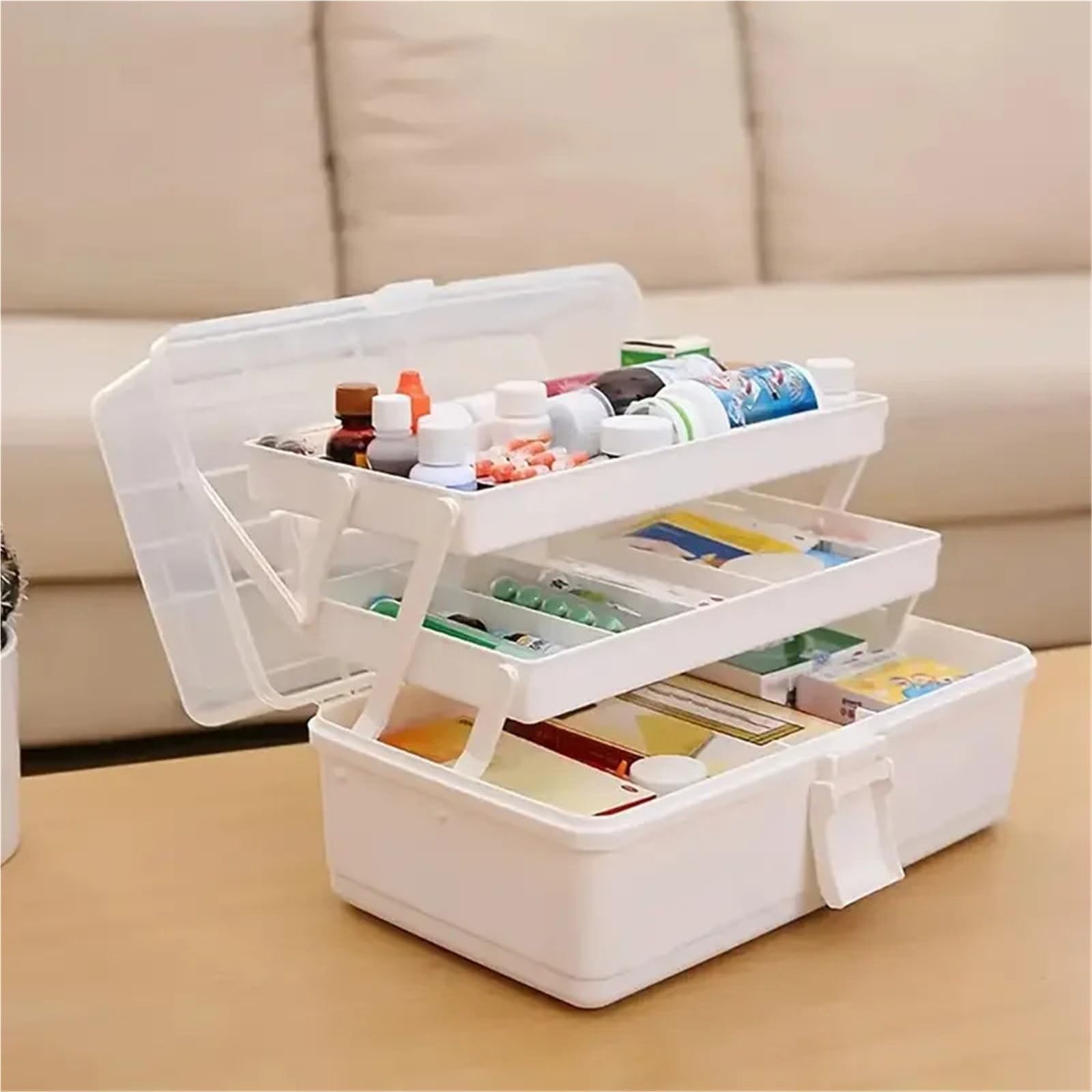 Scatola da cucito portaoggetti in plastica a tre strati for arti e mestieri, Cassetta degli attrezzi pieghevole, for opere d'arte varie(White)