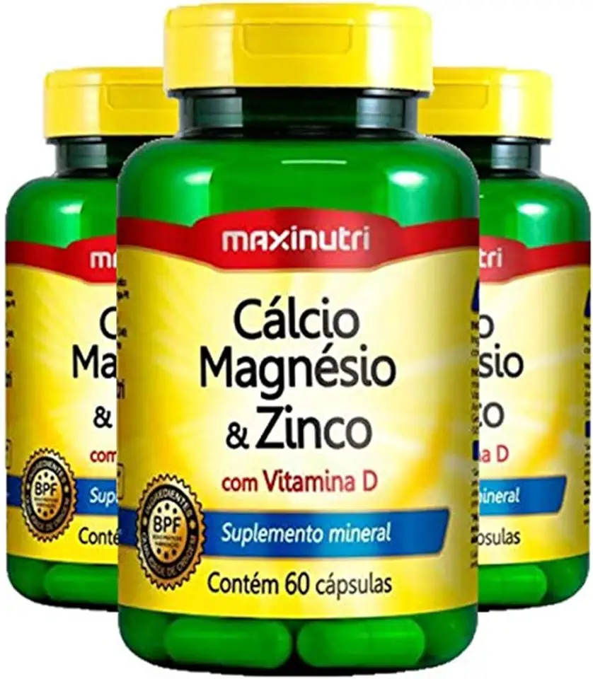 Cálcio, Magnésio e Zinco - 3 unidades de 60 Cápsulas - Maxinutri