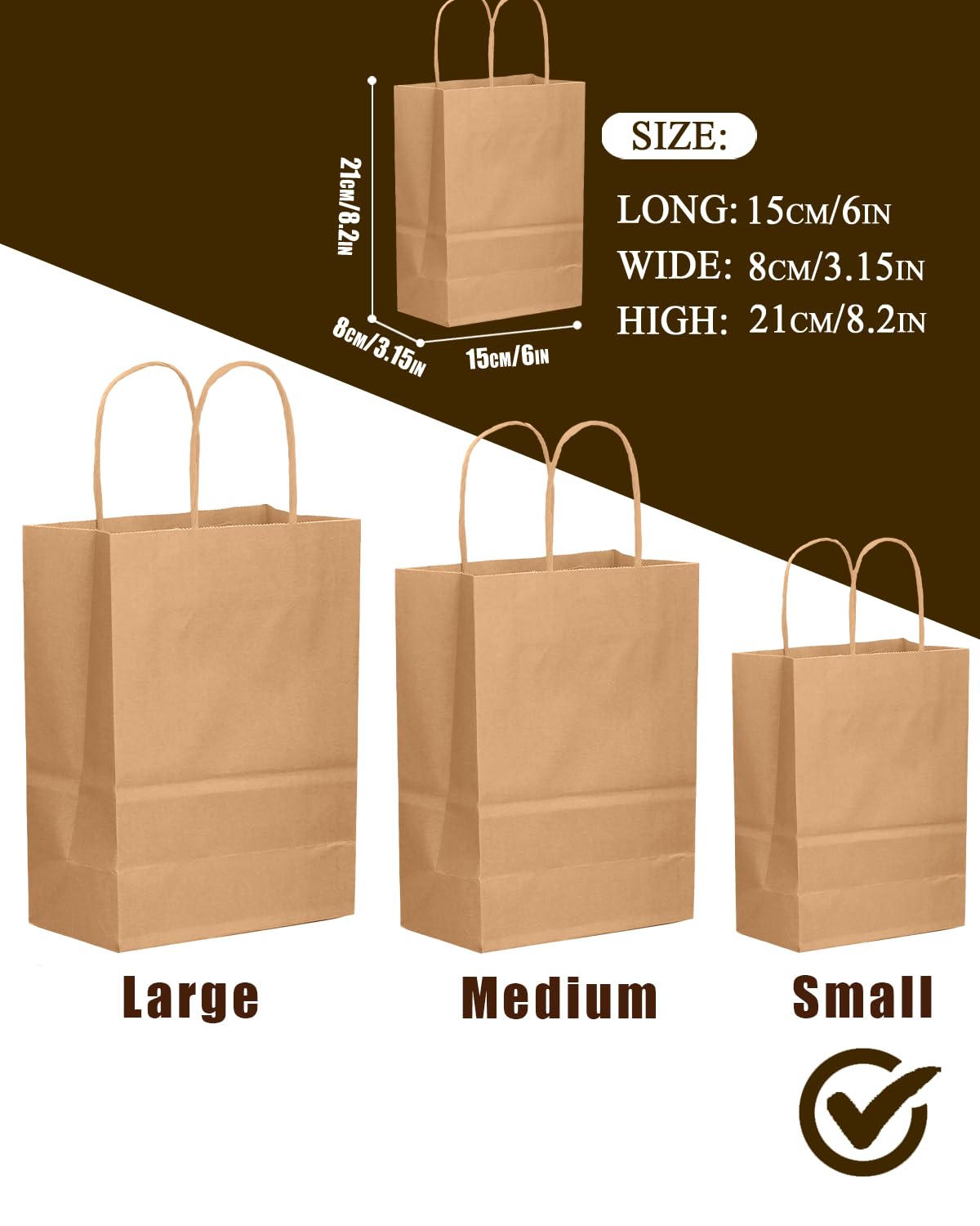 Gcardist 200 sacs-cadeaux marron avec poignées en vrac 21 x 15 x 8 cm (8,3" x 6" x 3,15"), petite taille, en papier kraft, plusieurs utilisations (21 x 15 x 8 cm, petite taille)