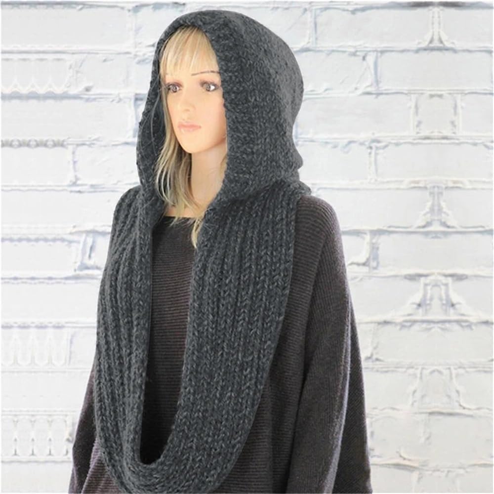 Damen-Schal, Winter, warm, gestrickt, mit Kapuze, modisch, Freizeit, bequem, weich, einfarbig, Plüschmütze, Schal, Bekleidungszubehör