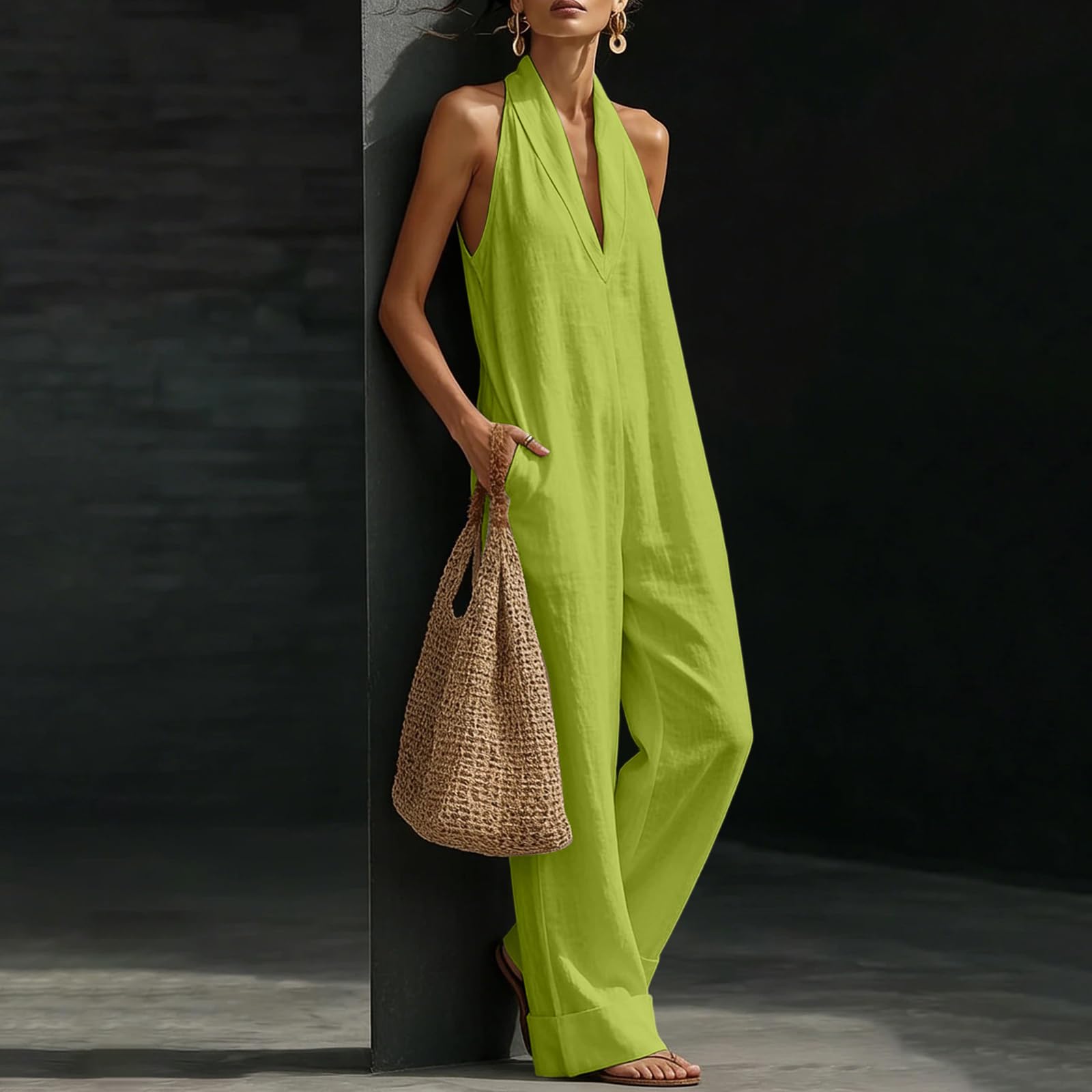 Ansenesna Jumpsuit Damen Sommer Elegant Lang Overall Baumwolle Leinen Weites Bein Jumpsuits Für Damen V Ausschnitt Ärmellos Einteiler Frauen Locker Weit Sommeroverall Leicht Romper Baggy Playsuit