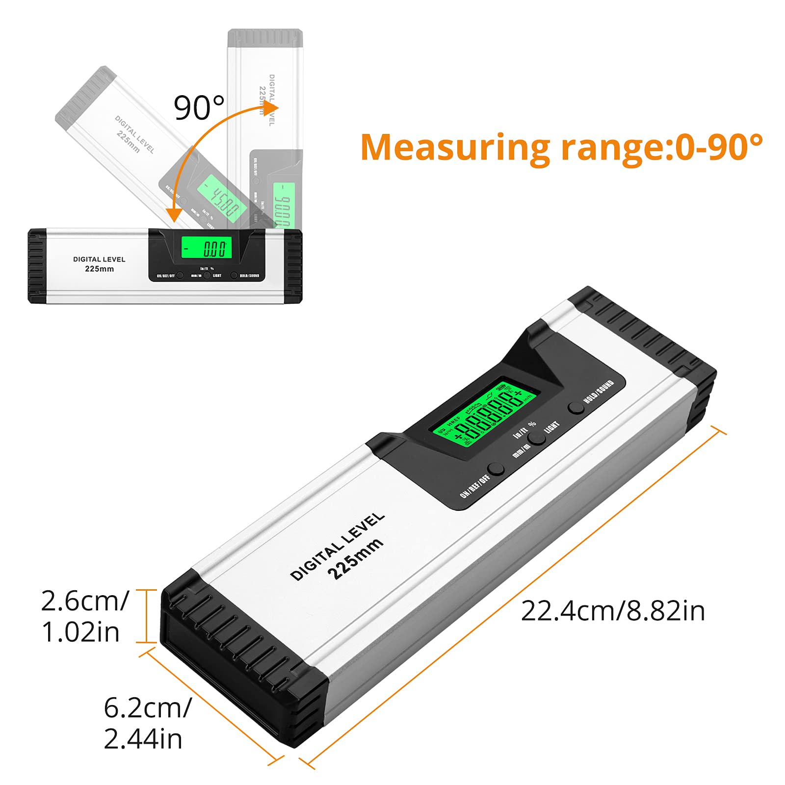 Neoteck Wasserwaage Digitaler LCD Wasserwaage Magnetisch 225mm Aluminium Winkelmesser mit LCD-Display, Audioanzeige, 4 Einstellmodi Neigungsmesser