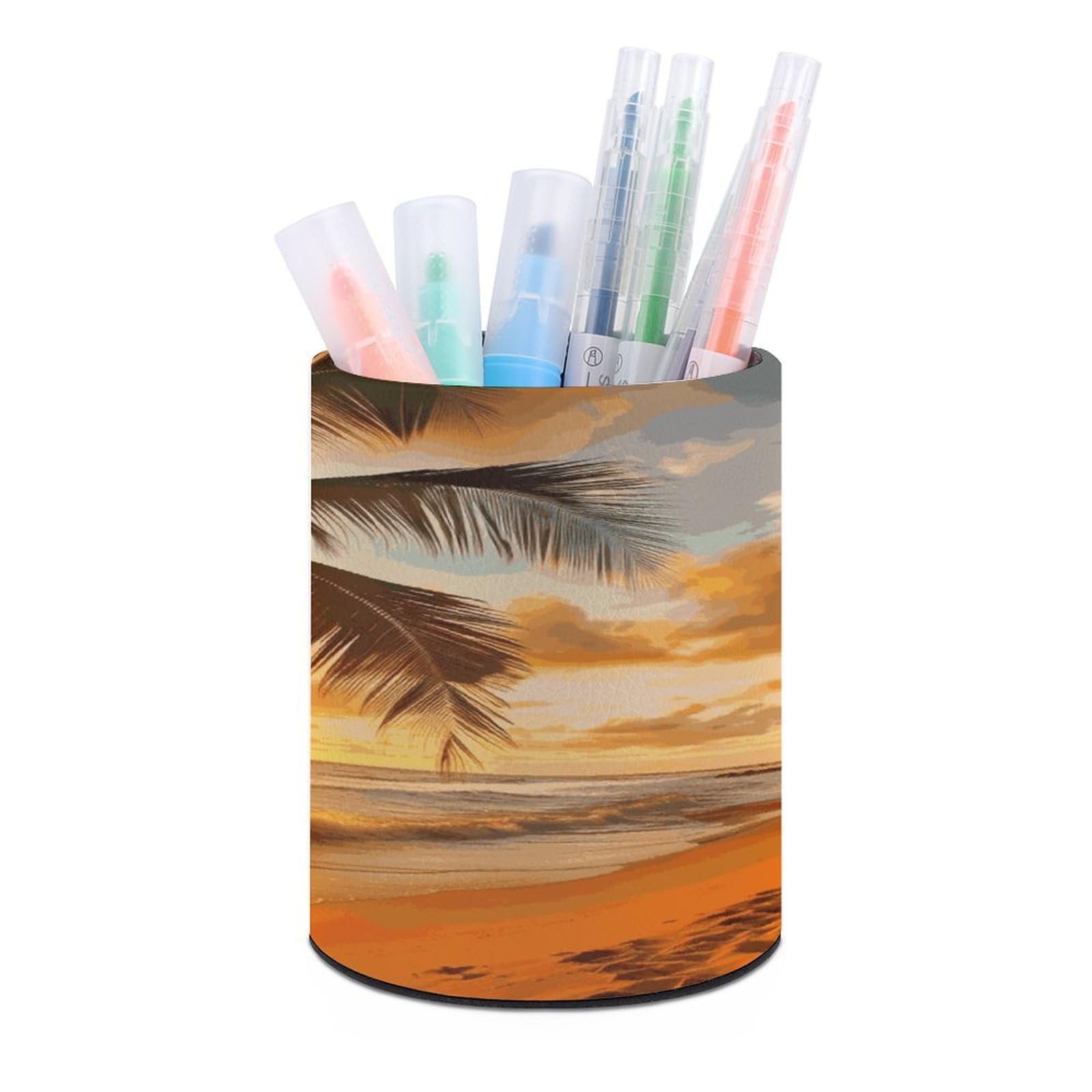 VstaDank Tropical Beach Palm Tree Sunset Pen Holder Round Pencil Holder Cup Pen Container PU Leather Desk Organizer Stand Decorative Brush Scissor Holder Decoration Office Desk Home (3.1 x 3.9 inch)