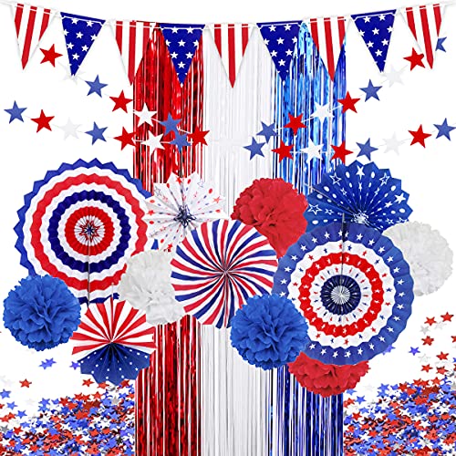 MOVINPE 4th of July Patriotic Party Decorations Set, American Flag Hanging Paper Fans, Pompoms Flowers, Foil Fringe Curtain, Star Streamers, USA Pennant Bunting Independence Day Party Supplies