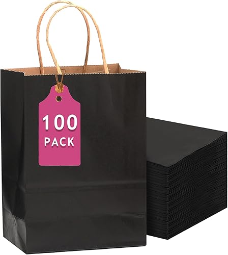 qiqee Paquete de 100 bolsas de regalo de papel negro con asas a granel de 13 x 10 x 5 pulgadas, bolsas de regalo de gran tamaño, múltiples usos