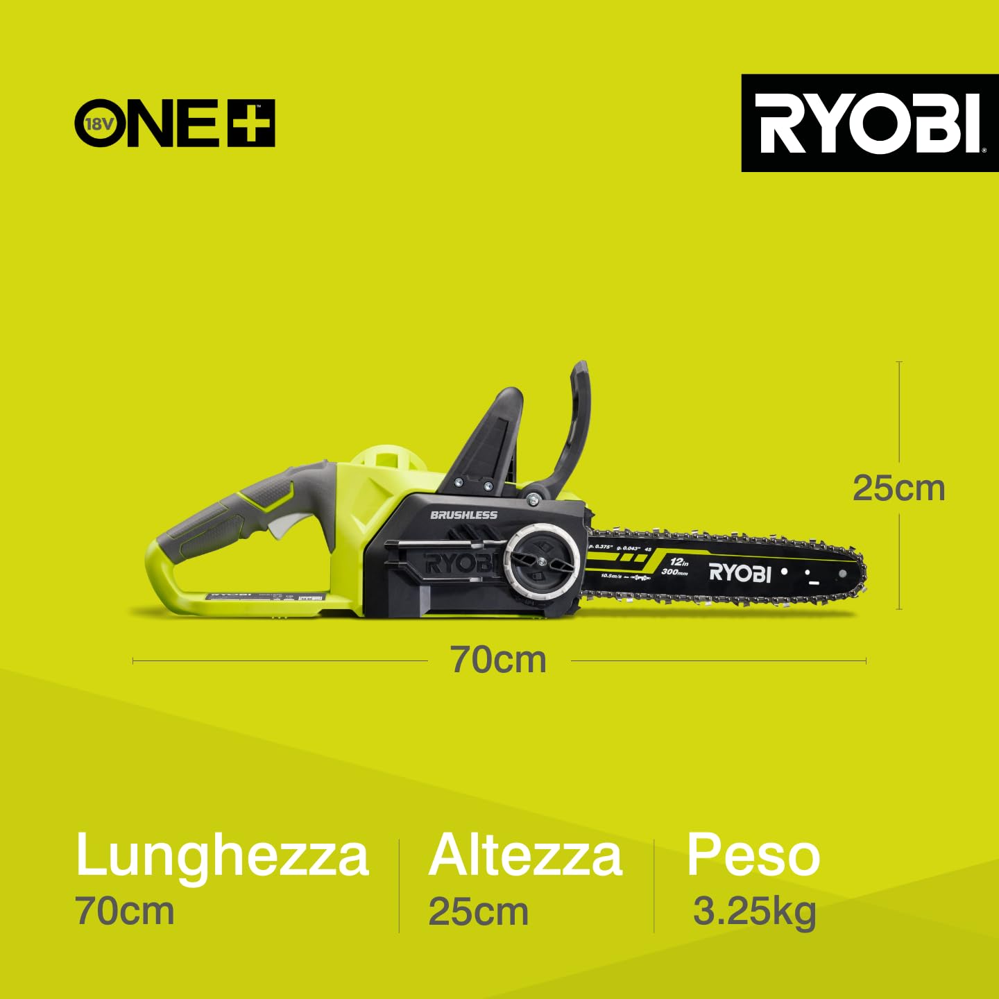 Ryobi OCS1830 Elettrosega Brushless A Batteria 18V ONE+, Impugnatura Ergonomica, Freno Catena Automatico, Batteria Non Inclusa, Barra 30 Cm, Velocità Catena 10m/s