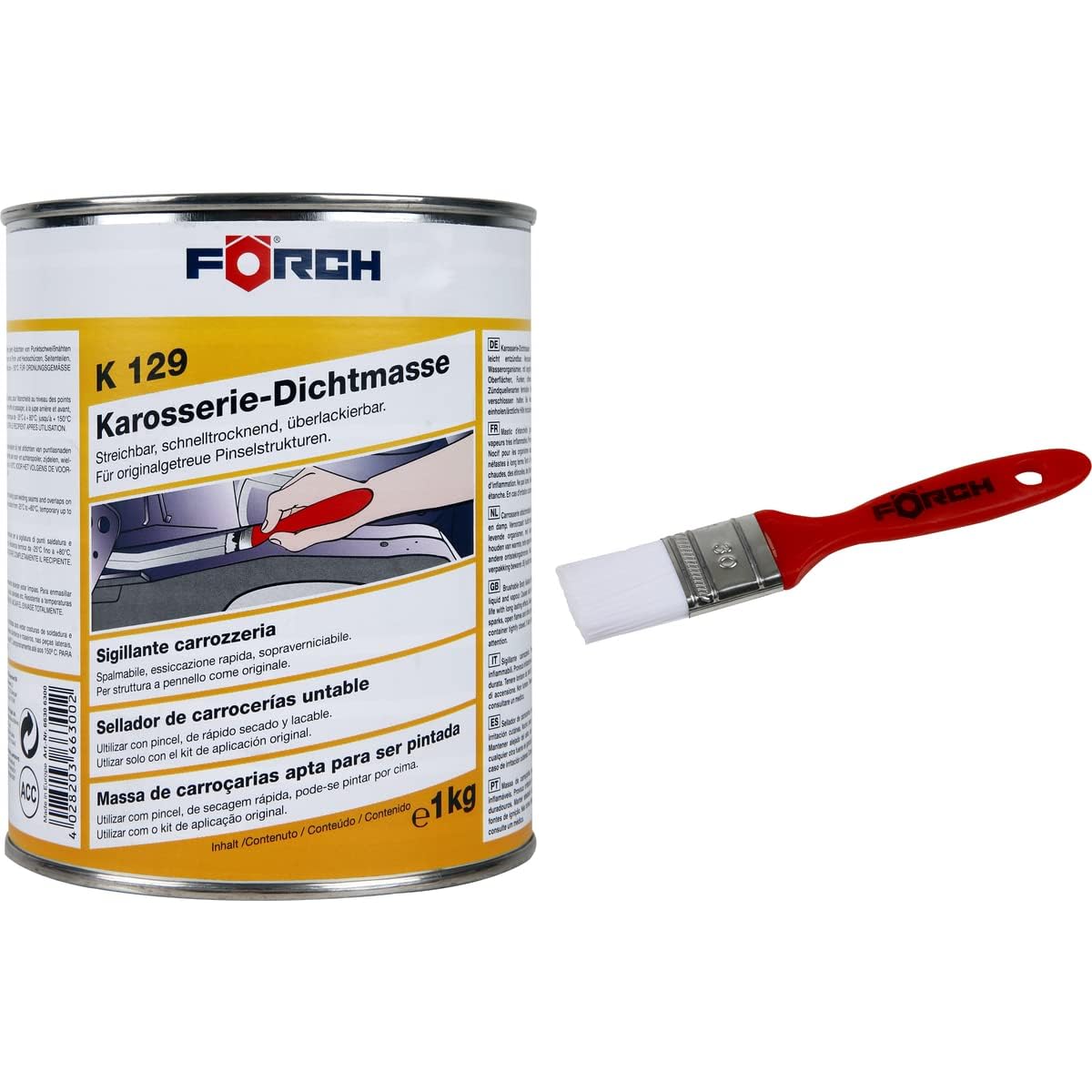 Sellador de Carrocerías a Brocha 1kg K129 Gris/Verde, Masilla de Sellado Elástica de Secado Rápido para Juntas y Solapes de Chapa, Pintable y Resistente a Gasolina, Caucho de Nitrilo para Automoción