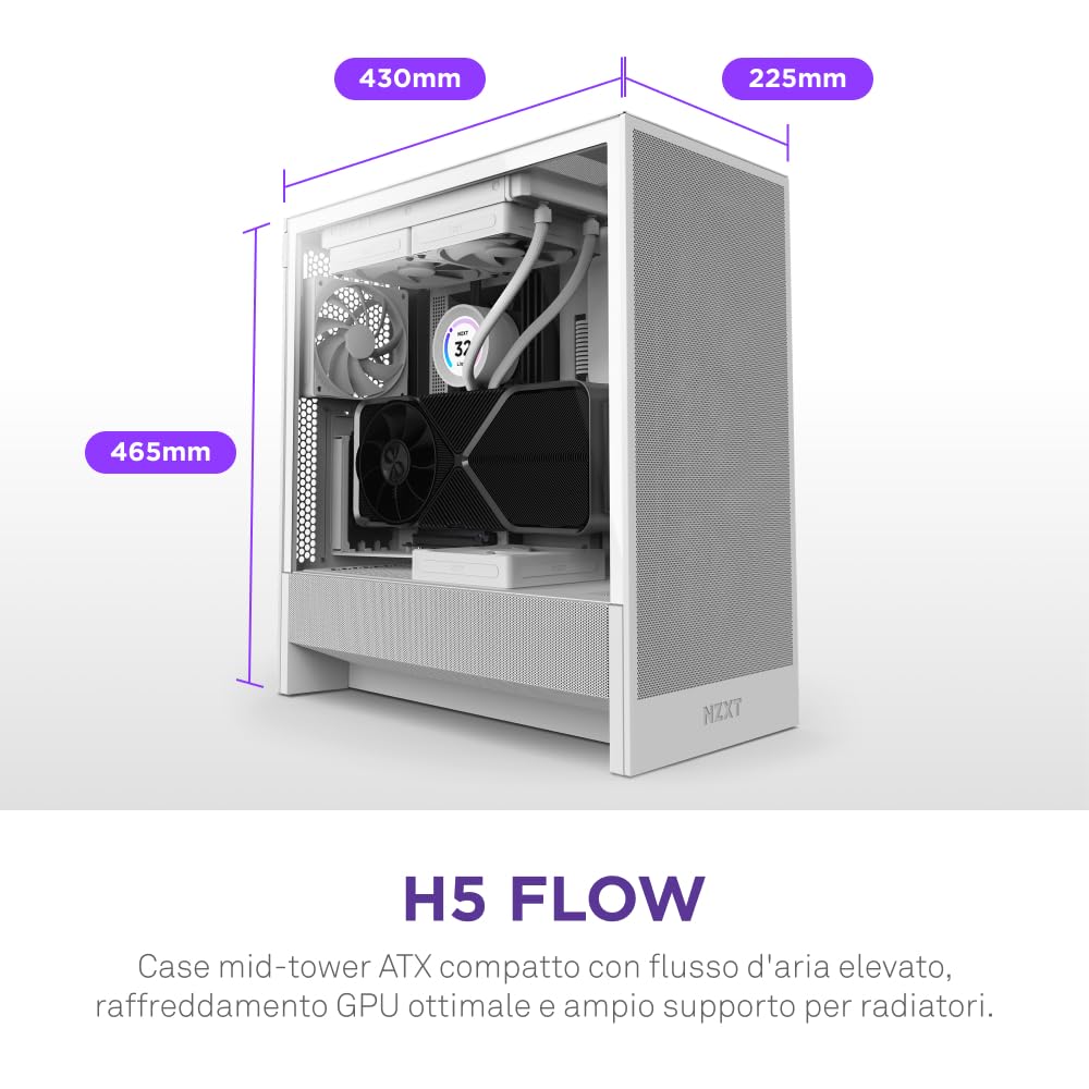 NZXT H5 Flow - Case per PC da gaming mid-tower ATX compatto - Flusso d'aria elevato - 2 ventole da 120 mm incluse - Supporto per radiatori da 360 mm (anteriore) e 240 mm (superiore) - Bianco