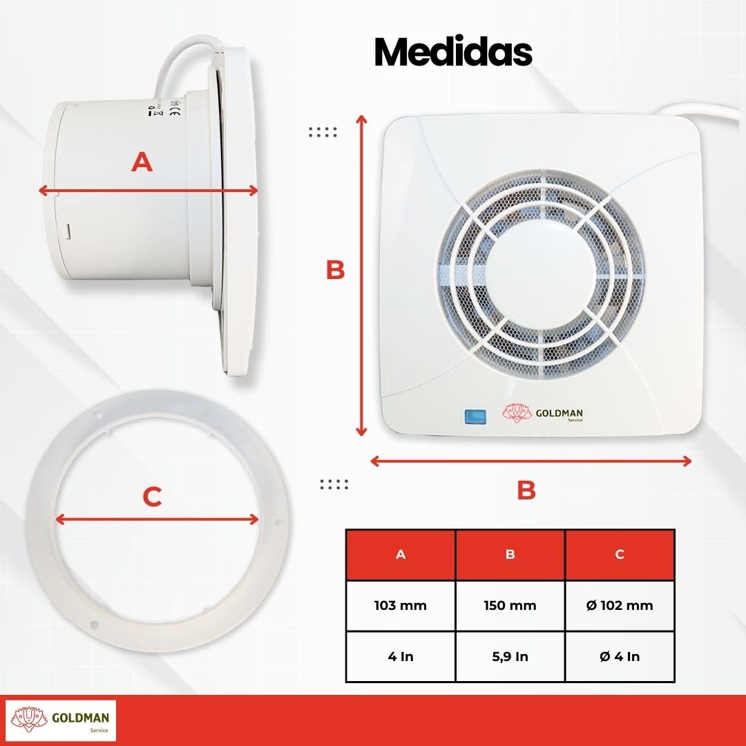 GOLDMAN SERVICE | Extractor de Baño Silencioso Ventilador Extractor de Aire Potente Anti Humedad Olores Válvula Antirretorno y Mosquitera | Diámetro: 100 milímetros 12W