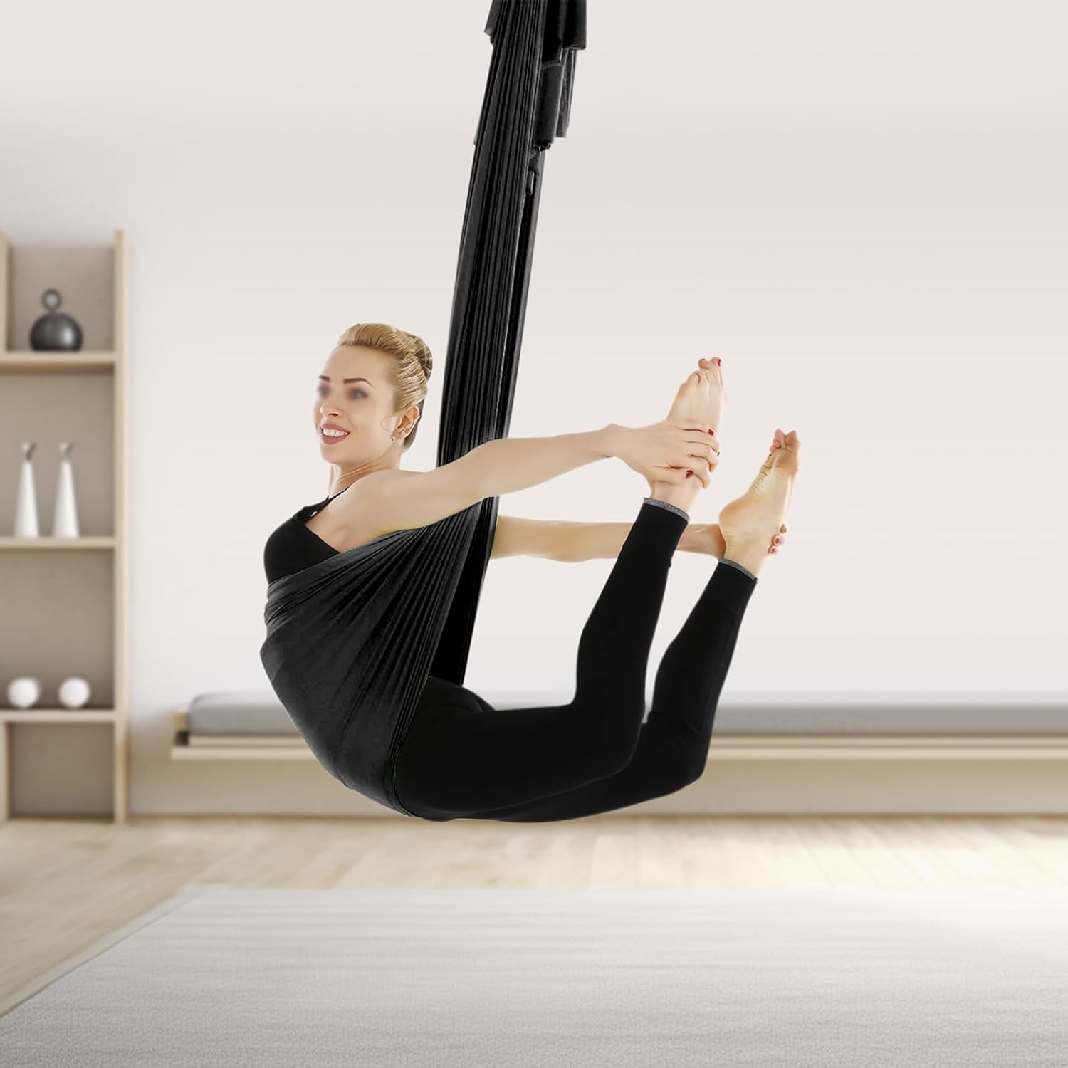 32.8FT 10 m Aerial Yoga Swing Sling Strong Yoga Hammock Kit, Aerial Silks Equipment Set, 440.92 Max Load Capacity, Black