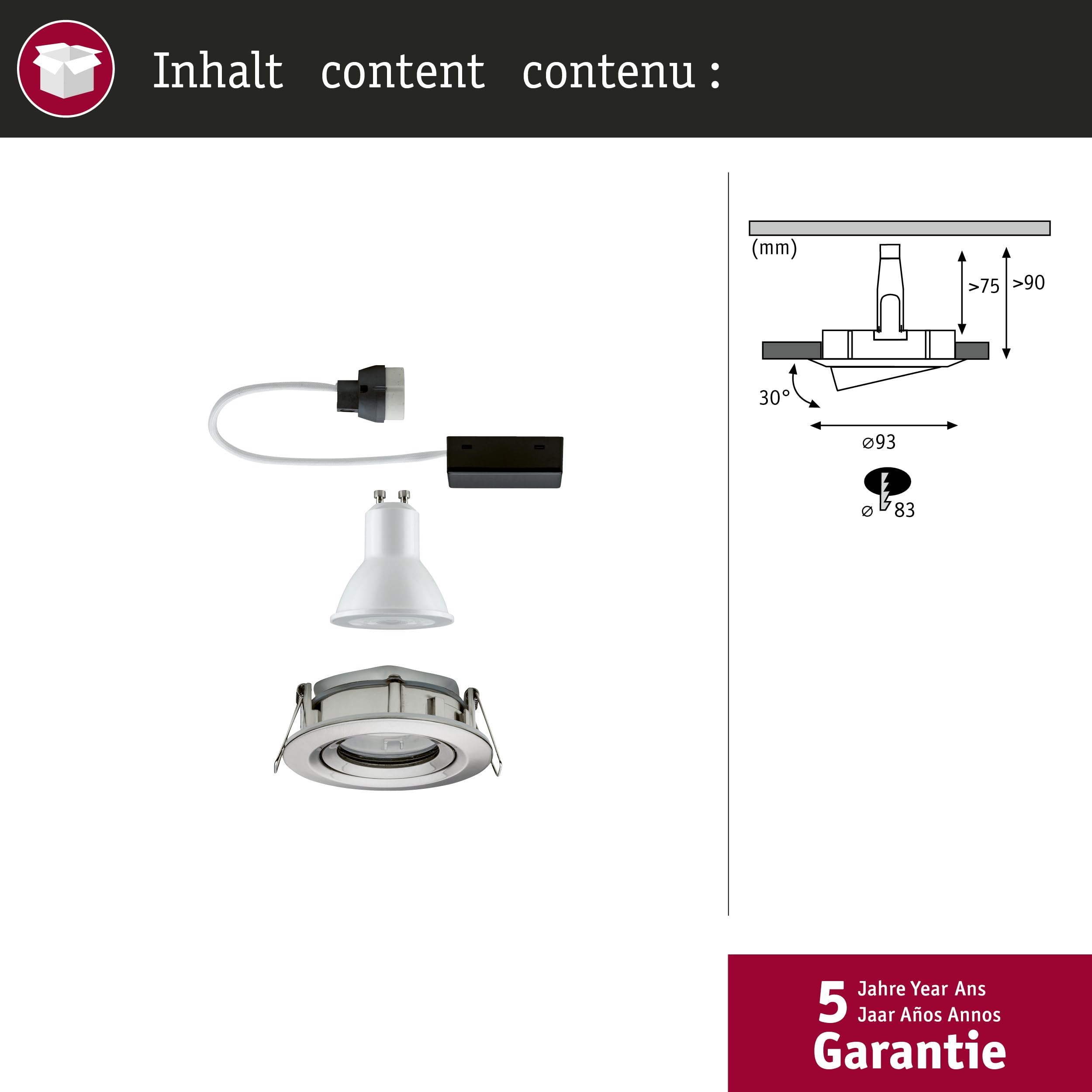 Paulmann 92899 Led Nova Faretto da Incasso Rotondo, Ip65, 7 W, Set Completo con Lampadina Gu10 In Ferro Orientabile, In Alluminio Spazzolato, 7 W