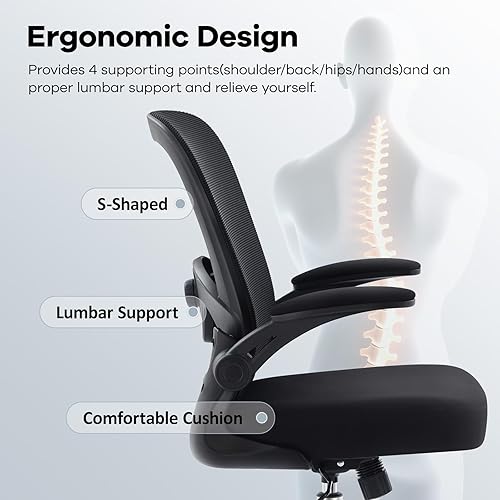 Miniatura 8 de Silla de oficina, silla de escritorio ergonómica de malla con soporte lumbar ajustable, silla de computadora con reposabrazos abatibles, sillas