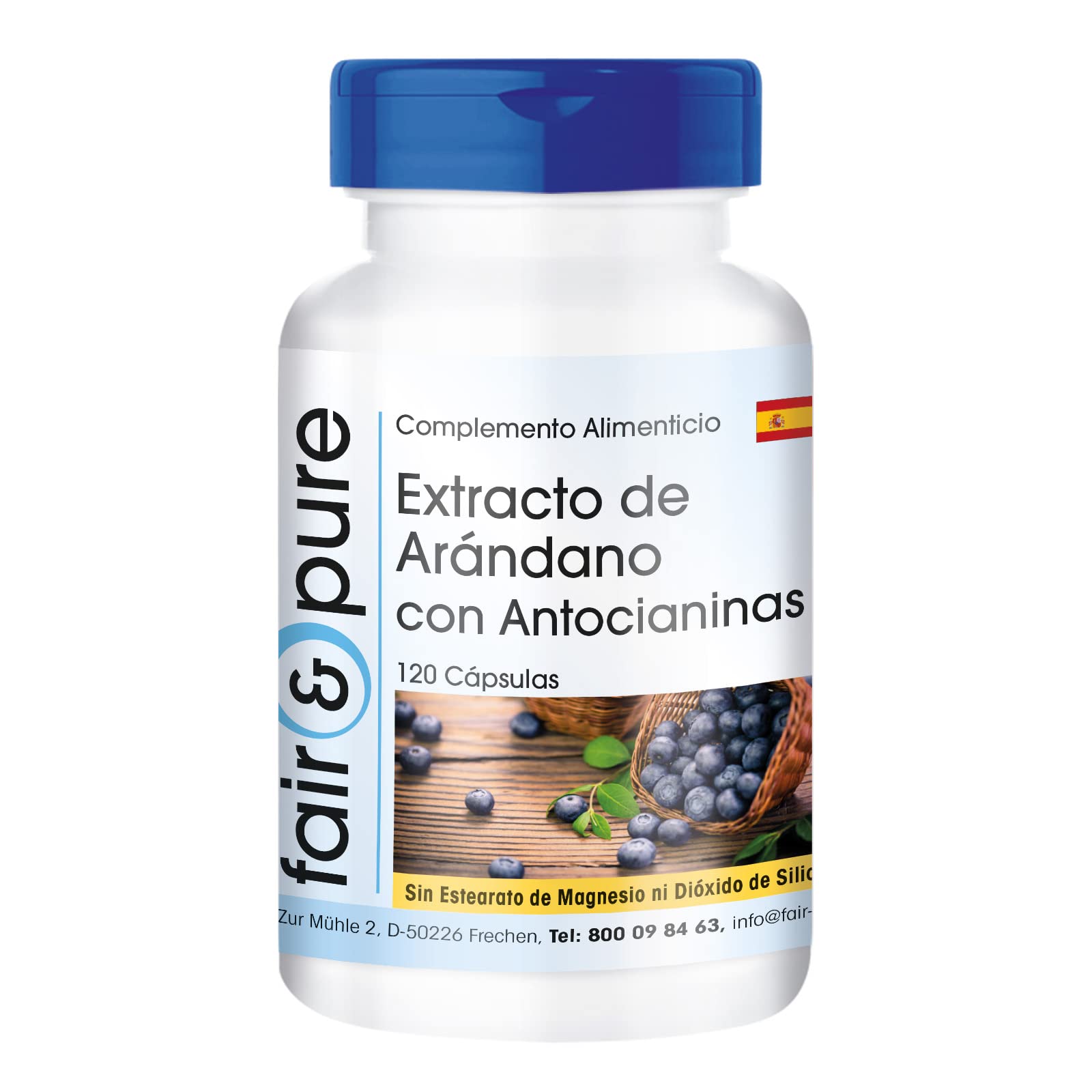 Fair & Pure® - Arándano Azul con Antocianos - Extracto de Arándano Azul vegano - Polvo en Cápsulas - Alta pureza - 120 Cápsulas