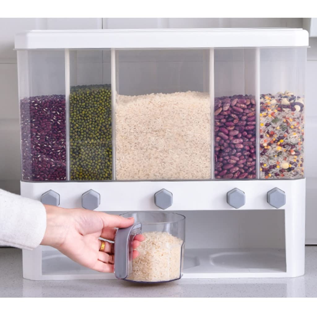 Essenslager Großer Getreidespender, 5 Fächer trockener Lebensmittelspeicher-Spender Mehrzweck-Haferflocken, Bohnen Küche, Zuhause Versiegelt (Color : White) Küche, Haushalt & Wohnen