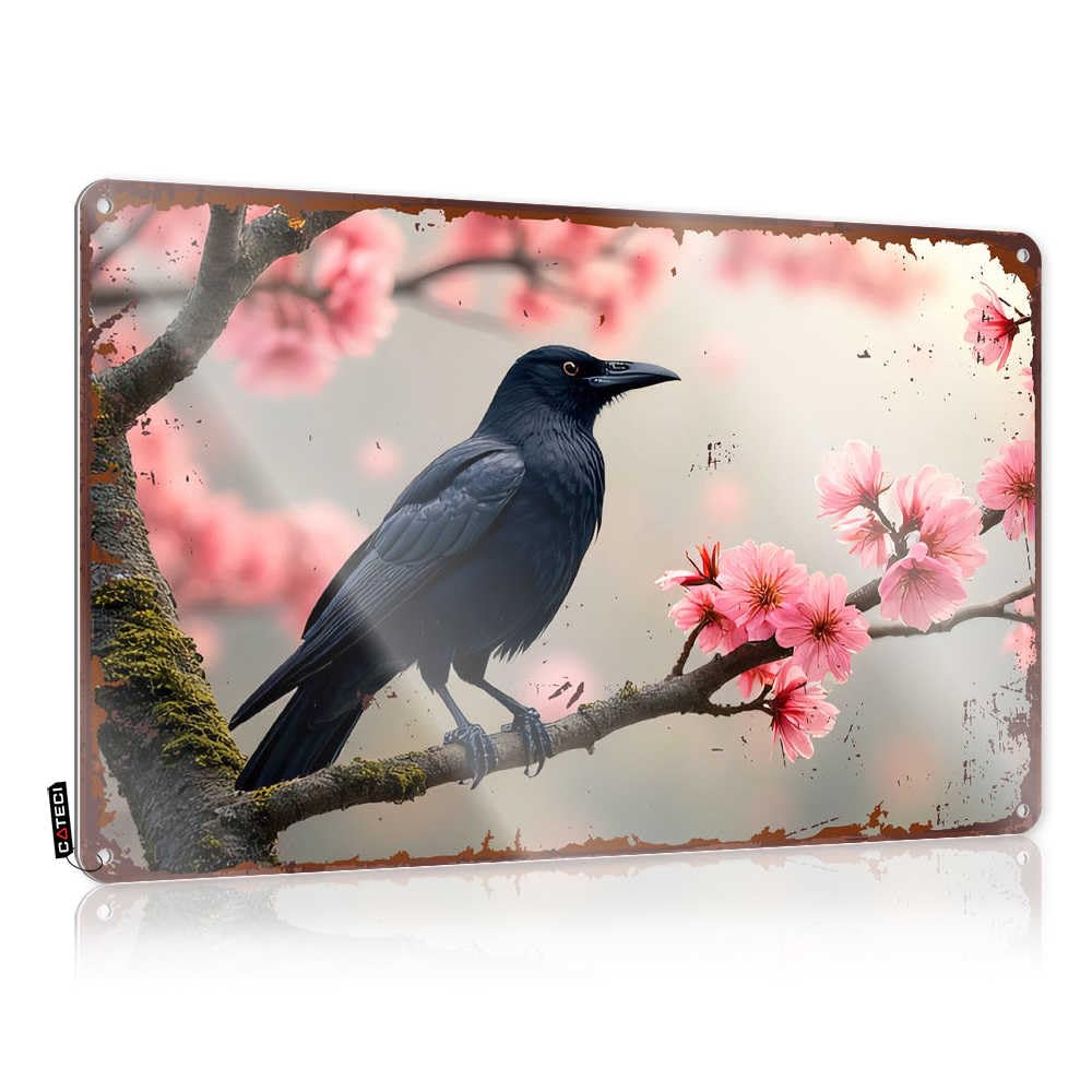 Fzfn Colour Entry Way Decoration Ideas Plaque | A Raven Perched On A Blossoming Branch Pretty Decorative Wall Art Ready To Hang For Country Bar(30X40cm)