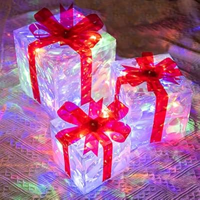 Hourleey Set of 3 Christmas Lighted Gift Boxes, Pre-lit 60 LED Light Up Present Boxes Ornament Decorations for Indoor Outdoor Xmas Tree Home Yard Lawn Decor (Multicolor)