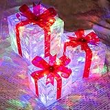 Hourleey Set of 3 Christmas Lighted Gift Boxes, Pre-lit 60 LED Light Up Present Boxes Ornament Decorations for Indoor Outdoor Xmas Tree Home Yard Lawn Decor (Multicolor)